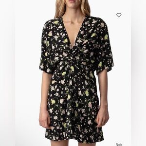 ZADIG & VOLTAIRE Rozom Soft Crinkle Roses Black Floral Twist Front Mini Dress L
